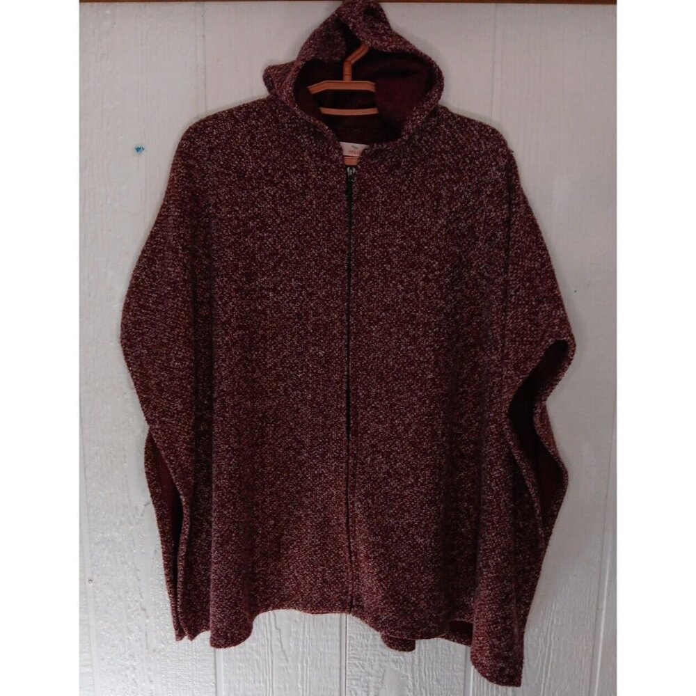 Hummingbird Women's One Size Hooded Poncho Shrug Jacket Maroon Marled Zip Front